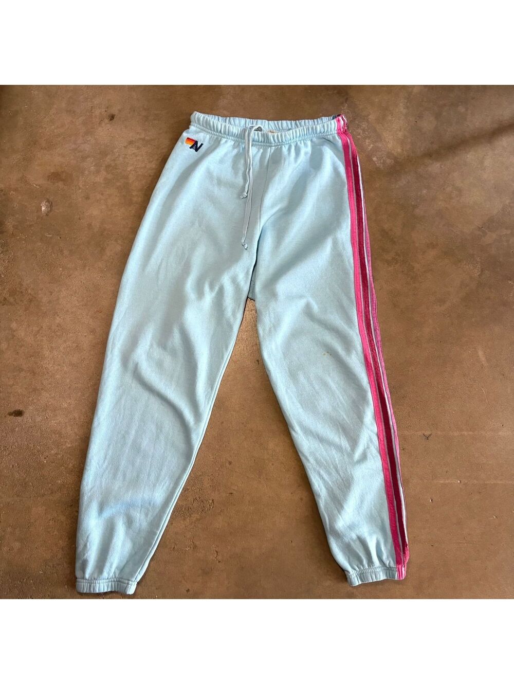 Aviator Nation Women's Light Blue Sweatpants with Pink Side Stripe Size L,